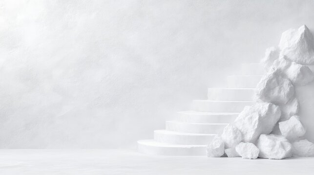 A circular staircase ascends against a textured white wall. White rocks flank the stairs. The image is clean and minimalist, high-resolution and softly lit. The monochromatic palette creates a seren