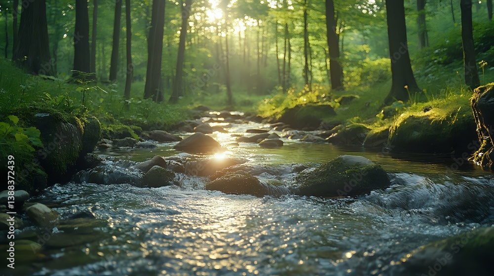 Poster sunlit forest stream flows through mossy rocks at dawn, with golden rays filtering through green tre