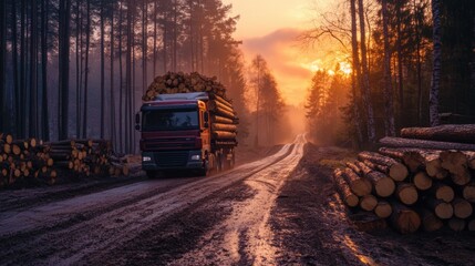 Truck transporting limber logs. Deforestation. Ecology. Environment conservation topic.