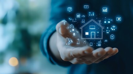 Glowing digital house and smart home technology icons floating above open palm, representing modern home automation and IoT connectivity in real estate industry.