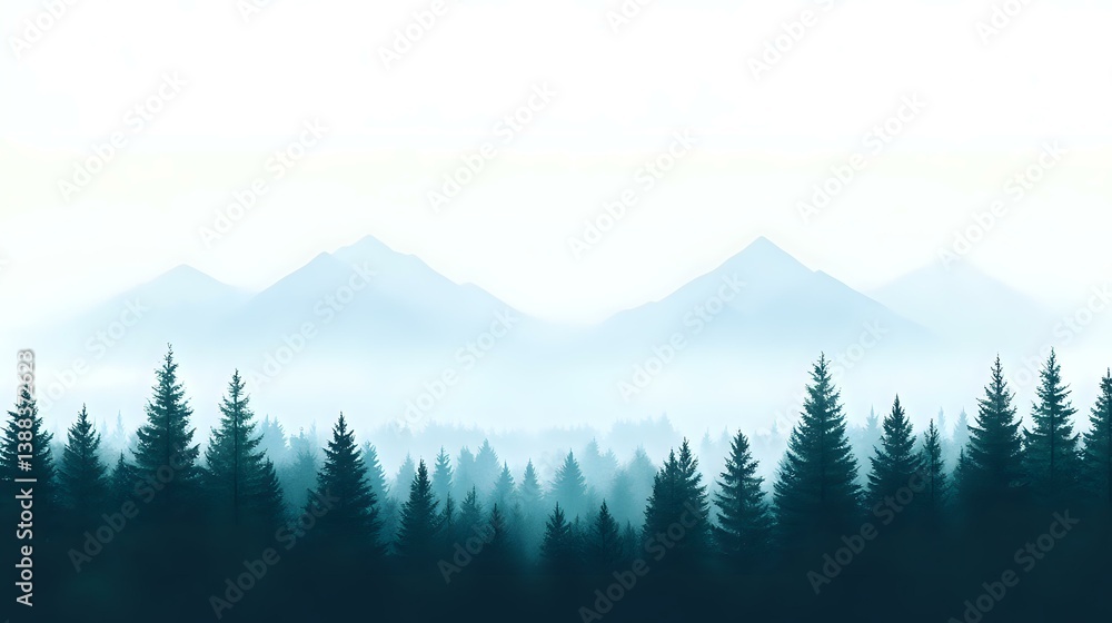 Poster misty mountain landscape with silhouettes of pine forest in layers creating depth effect, foggy peak