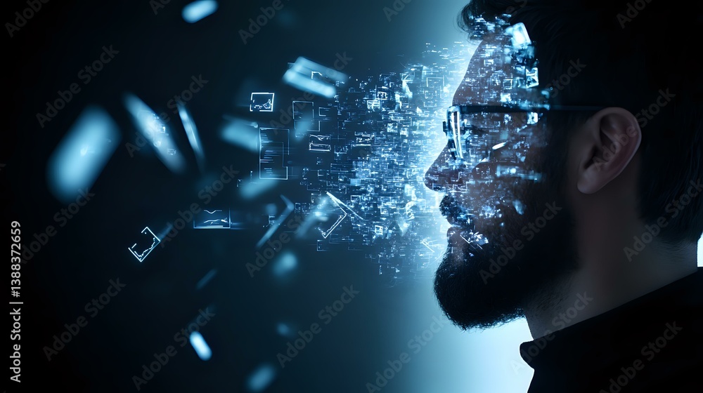 Poster profile silhouette of bearded man dissolving into digital particles with glowing blue technology ele