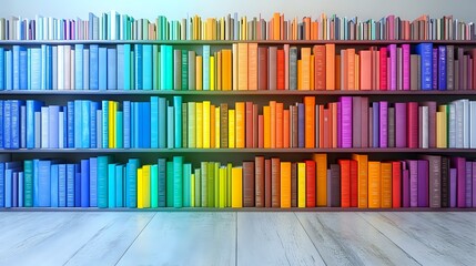 Naklejka premium Rainbow colored books arranged on wooden shelves creating spectrum pattern from blue to red. Light gray wooden floor reflects colorful spines. Modern library interior.
