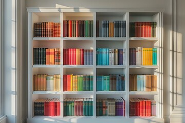 White built-in bookshelf with colorful hardcover books arranged by spectrum creates rainbow effect, natural window light casting soft shadows on organized library.
