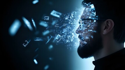 Profile silhouette of bearded man dissolving into digital particles with glowing blue technology elements against dark background, representing artificial intelligence concept.