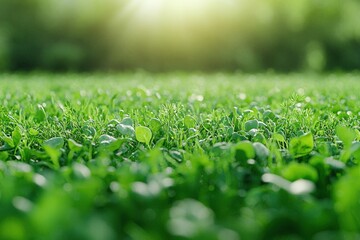 Naklejka premium Lush green grass glowing in sunlight on a serene field 