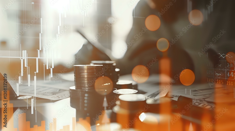 Poster financial market data and stacked coins on desk with stock chart overlay and warm bokeh lighting eff