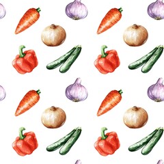 Fresh vegetable seamless pattern. Watercolor carrot, garlic, onion, pepper, and zucchini on a white background. Organic garden harvest design, healthy food print, eco-friendly kitchen wrapping paper