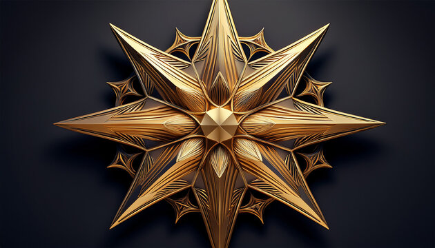 a detailed 3d rendering of a golden eight pointed star against a black background