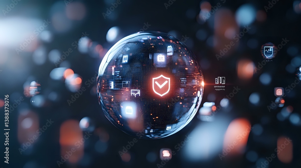 Poster glowing cybersecurity shield icon inside transparent sphere with digital network symbols floating in