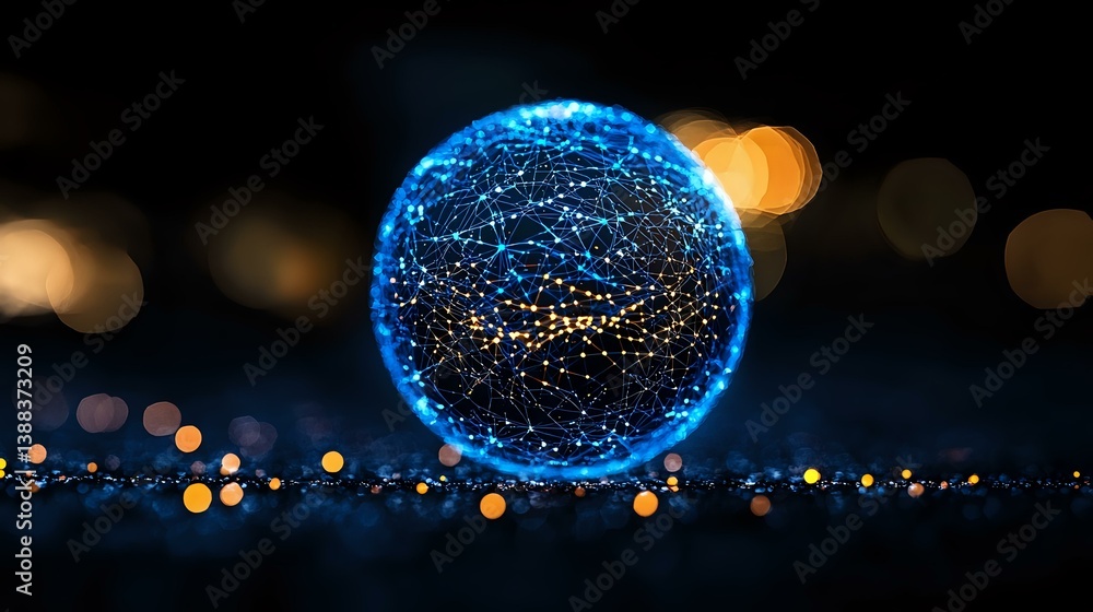 Poster glowing blue sphere with network connections floating over dark surface with golden bokeh lights cre