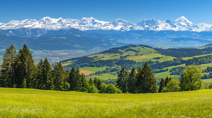 Obraz premium Stunning alpine landscape green meadow snow capped mountains blue sky.