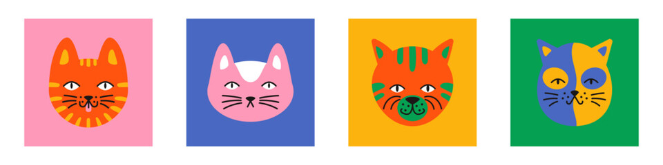 Vector playful set of colorful cat head avatars in flat cartoon style. Cute, funny and smiling kitten illustrations work perfectly for cards, posters, and pet themed designs.