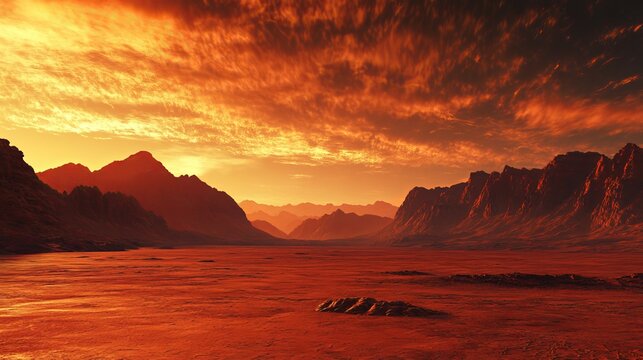 A red landscape with mountains and a cloudy orange sky at sunset in a desert like environment