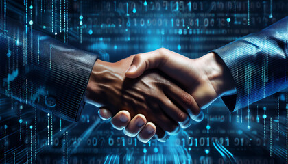 business handshake amidst digital technology overlay with binary code generative ai