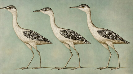 Three birds, profile view, pale green background, ornithological illustration, nature study