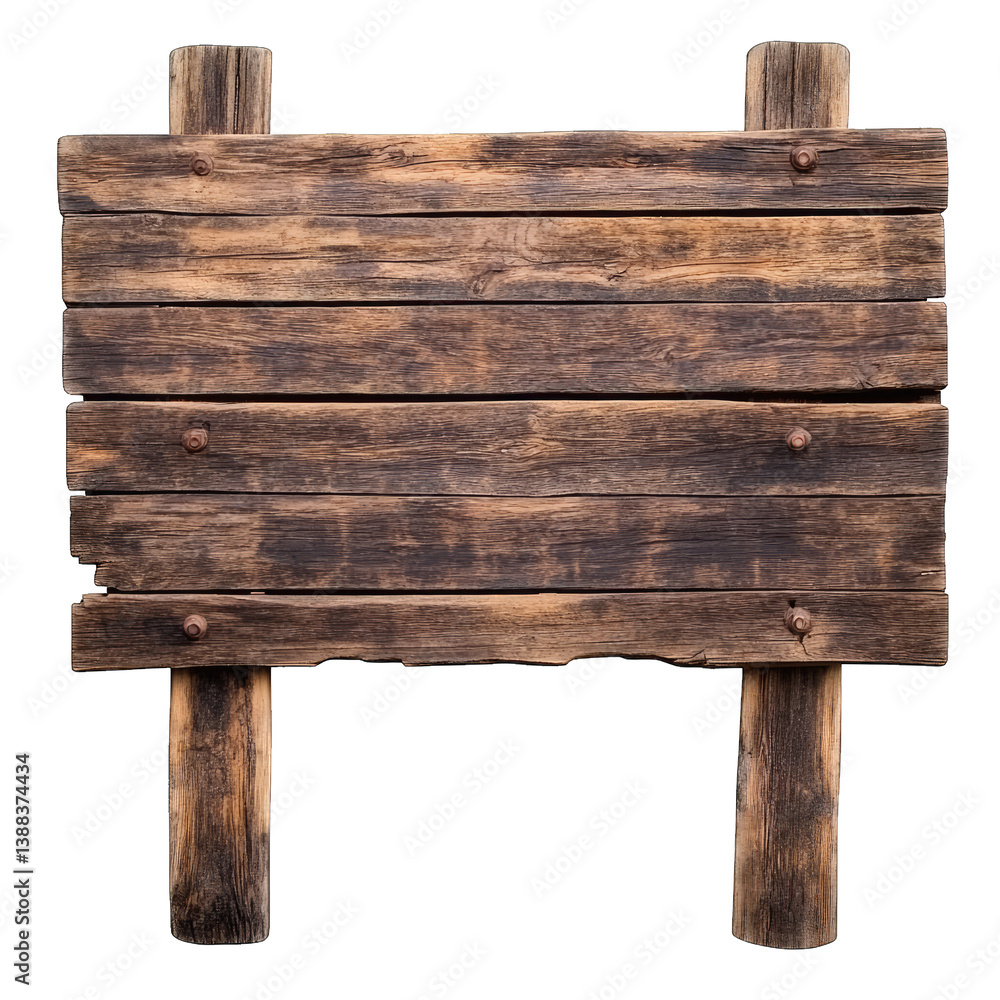Poster rustic wooden sign made of multiple horizontal planks supported by two vertical posts it has a weath