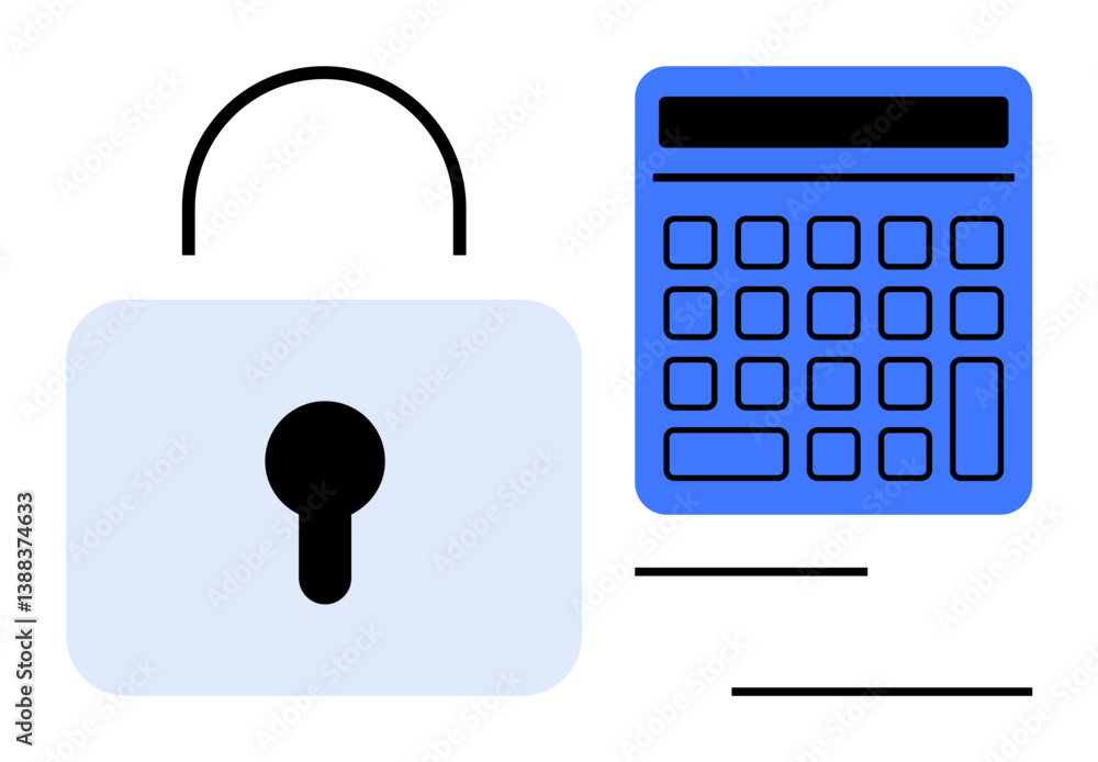 Poster closed padlock and digital calculator symbolizing data protection, finance security, and encryption.