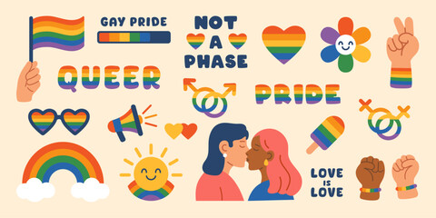Fototapeta premium Vector LGBT trendy clipart set. Colorful cute modern collection of LGBTQ Pride elements. LGBTQ flags, gender signs, hearts and other gay community objects in rainbow colors. Lesbian girls.