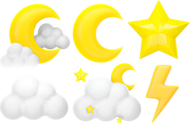 3d render of night sky icon, moonlight, moonshine, star, cloud, lightning