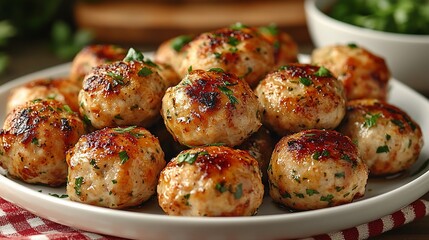 Fototapeta premium Close-up of golden-brown, pan-fried meatballs garnished with fresh parsley on a white plate.