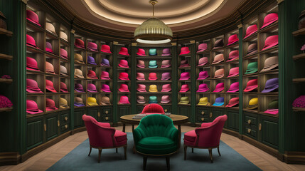 Elegant haberdashery boutique showroom variety of hats organized on shelves.