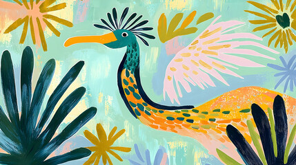 Obraz premium Tropical Bird Painting, vibrant colors, floral background, home decor