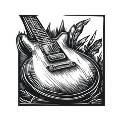 Electric Guitar Surrounded by Artistic Nature Elements Illustration