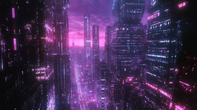 Aerial view of a futuristic cyberpunk city with vibrant purple and pink neon lights at night time - Powered by Adobe
