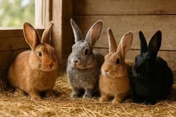 Obraz premium Four rabbits sitting together in a wooden barn setting 
