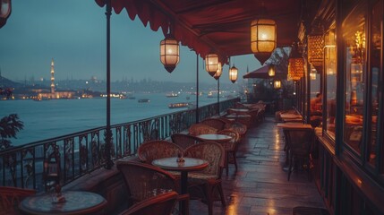 Fototapeta premium Outdoor Cafe Terrace View in Istanbul with Lanterns at Twilight