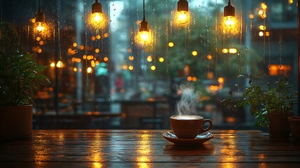 A warm lofi coffee shop at night, dimly lit by golden hanging lights, rain softly tapping on the window, a cozy steaming cup on a wooden table, jazz playing in the background,