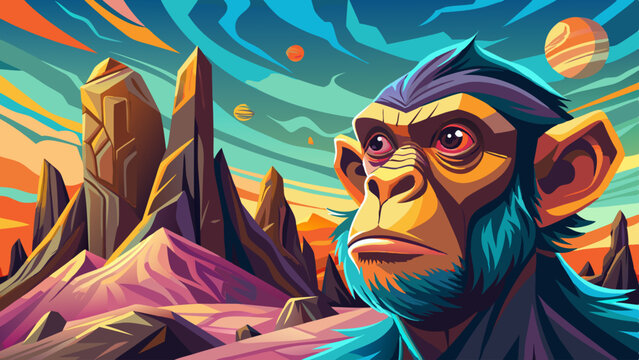 Future Monkey portrait on an alien rock formation under a strange colored sky, monkey banner