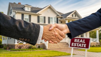 Handshake in front of house with real estate sign