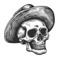Detailed Vintage Skull Illustration with Cowboy Hat and Intricate Design