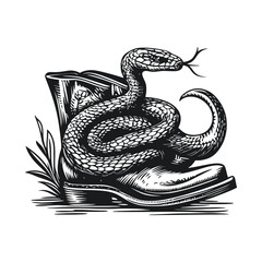 Fototapeta premium Snake Coiled Around Rustic Boot in Artistic Black and White Design