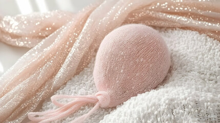 Fototapeta premium Pink knitted newborn photo prop balloon on textured fabrics, studio backdrop