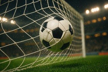 Soccer ball hitting net in stadium during night match  