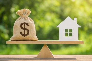 A balance scale shows a money bag and a house, symbolizing financial decisions.