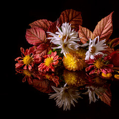 Autumn bouquet of bright autumn leaves and flowers, low key. Black background. Square