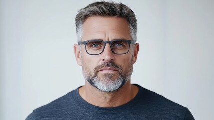 Fototapeta premium A mature man with glasses looking directly at the camera, standing against a plain background, and professional portrait with a serious expression.