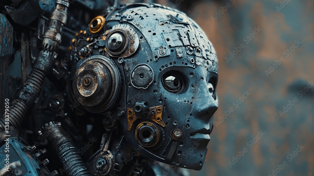 Aufkleber close up shot of a detailed metallic robot head with visible wires and mechanical components around 
