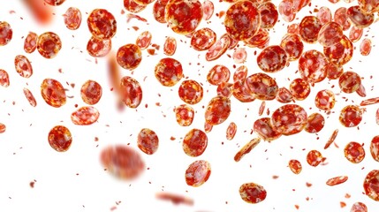 Fototapeta premium Pepperoni Slices Falling Against White Background Creating a Dynamic Food Pattern