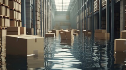 Warehouse in deep water. Water damage from flood disaster.