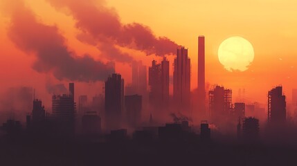 Fototapeta premium City Skyline Silhouette with Factory Smoke and Setting Sun Illustration