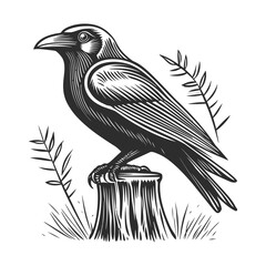 Naklejka premium Black Bird on Tree Stump Surrounded by Leaves and Grass