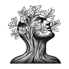 Abstract Illustration of Human Head with Leaves and Nature Elements