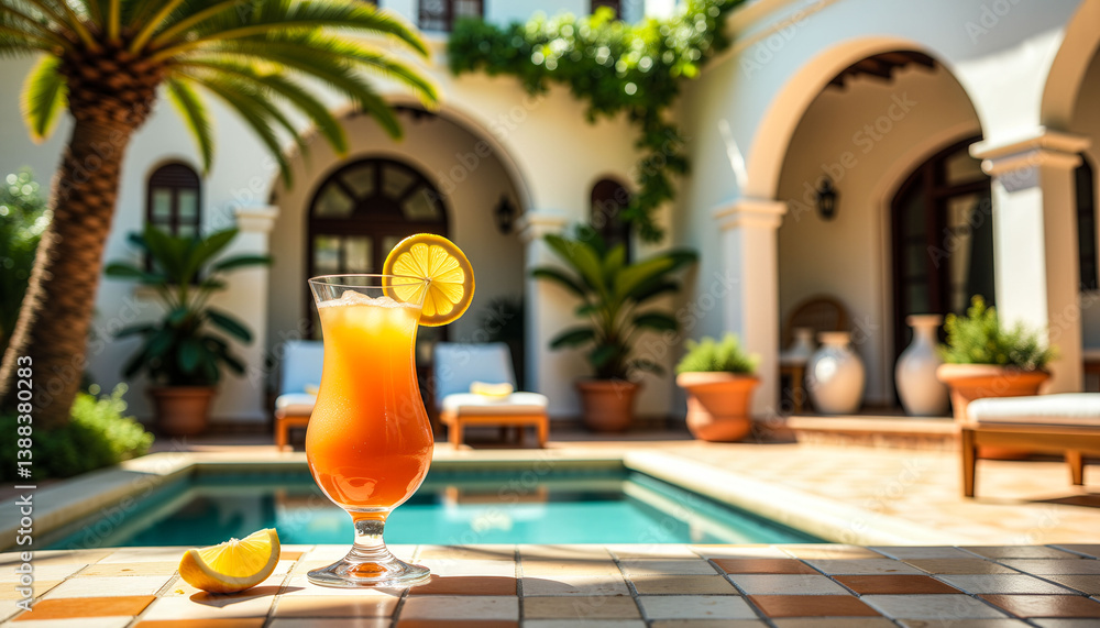 Poster a glass of orange juice with a slice of orange in it is on a table outside. the table is near a pool