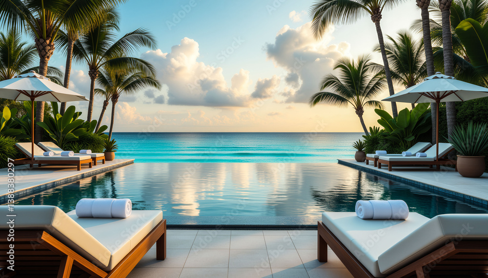 Poster a pool with a view of the ocean and palm trees. the pool is surrounded by lounge chairs and umbrella