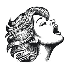 Expressive Woman with Flowing Hair in Black and White Illustration